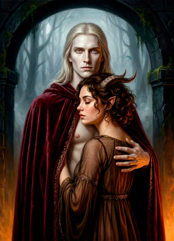 Amdir and Zarita dark fantasy lovers art print. An immortal elf shielding a mortal woman with a midnight blue cloak.