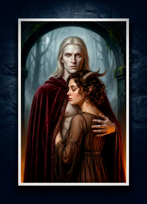 Dark fantasy lovers art print featuring an immortal elf and mortal woman. Unframed physical print with white borders on a dark stone background.