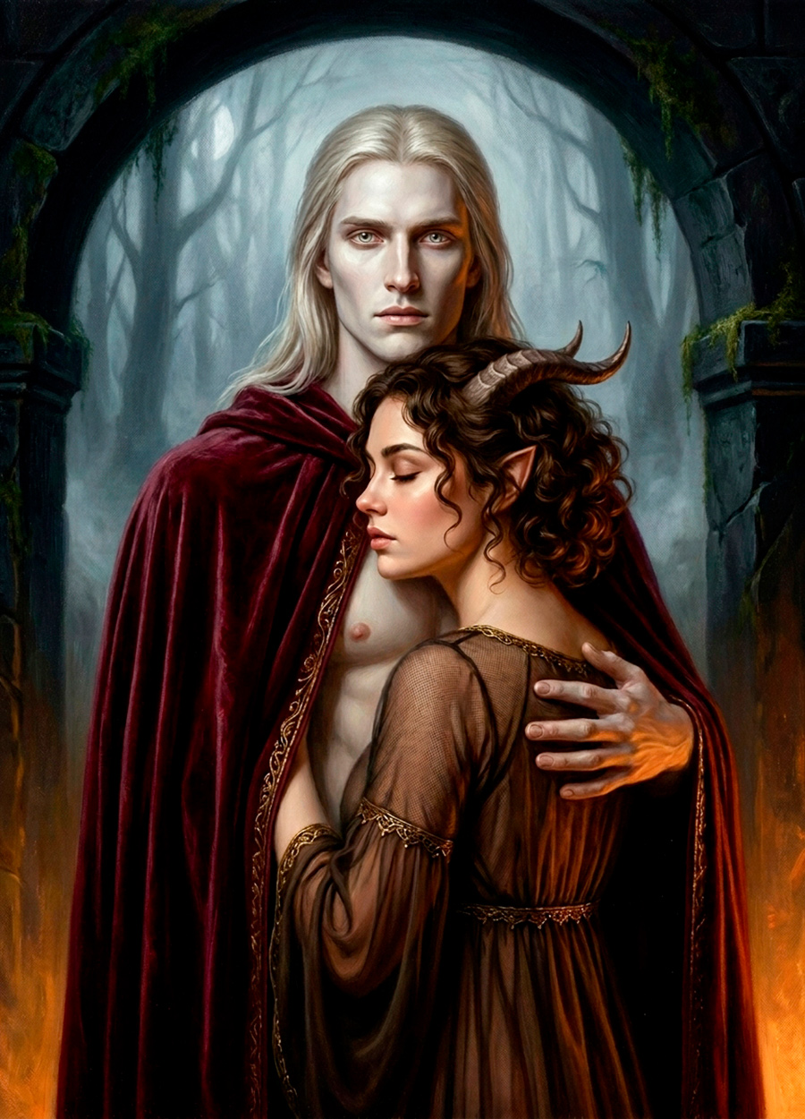 Amdir and Zarita dark fantasy lovers art print. An immortal elf shielding a mortal woman with a midnight blue cloak.