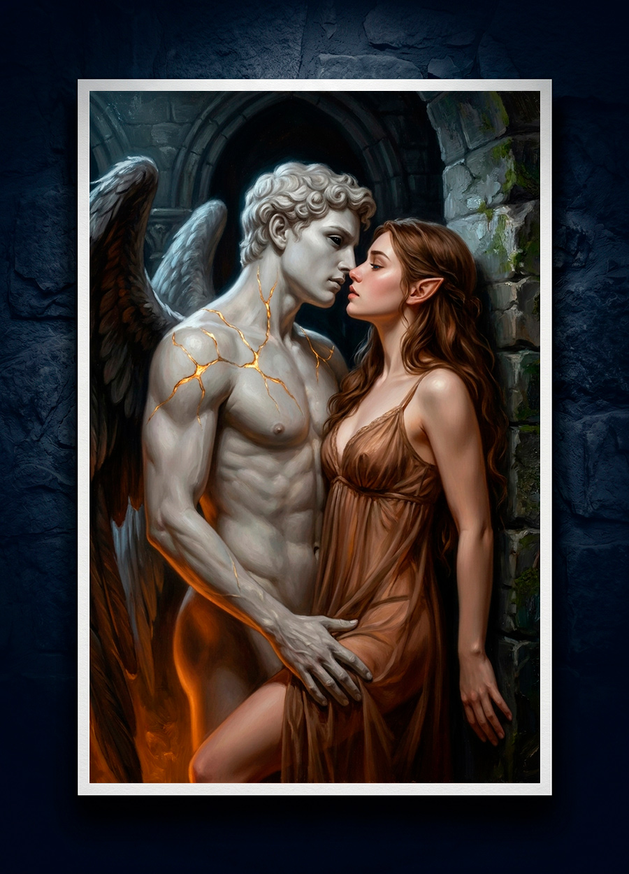 Dark romantasy art print of a fallen angel statue, shown as an unframed physical print with white borders on a dark stone background.