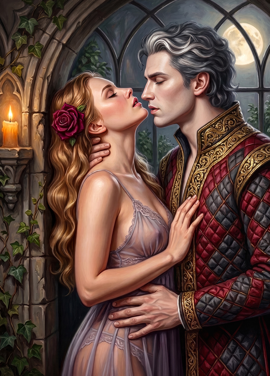 Gothic romantasy art print: a silver-haired lord and a woman with a crimson rose in her hair, a breath before the kiss