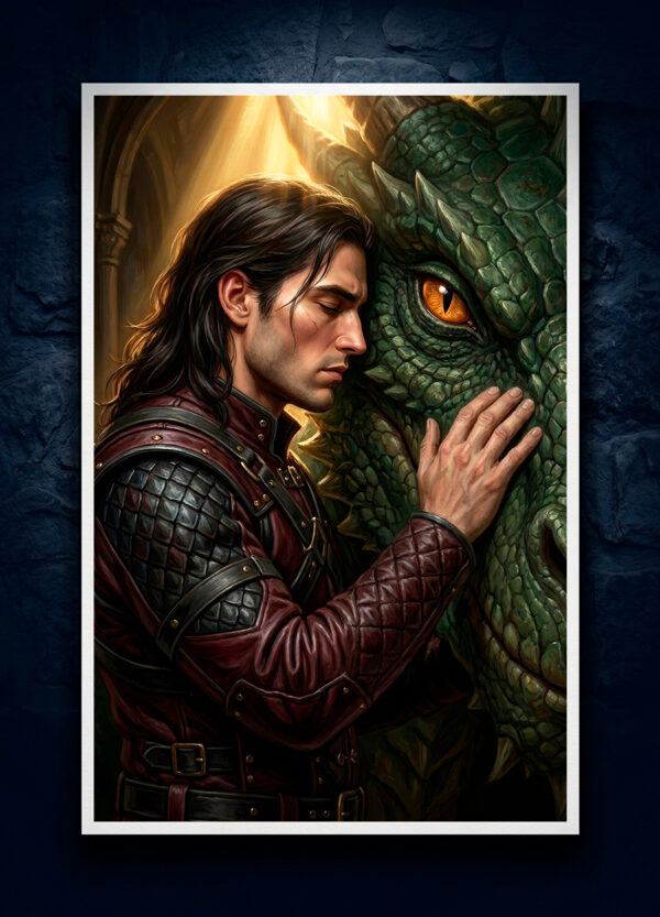 High fantasy dragon art print with white borders, floating against a dark stone background. Unframed gallery mockup.