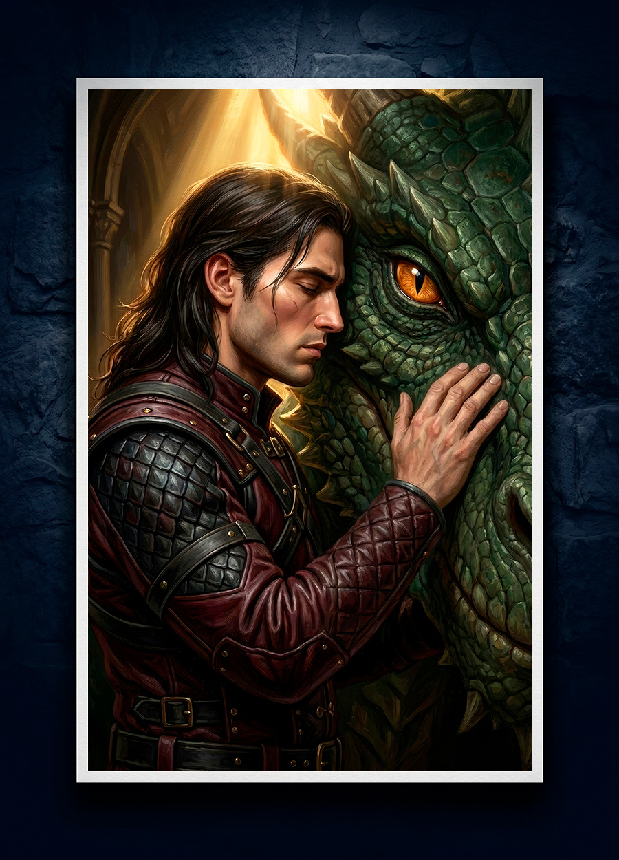 High fantasy dragon art print with white borders, floating against a dark stone background. Unframed gallery mockup.