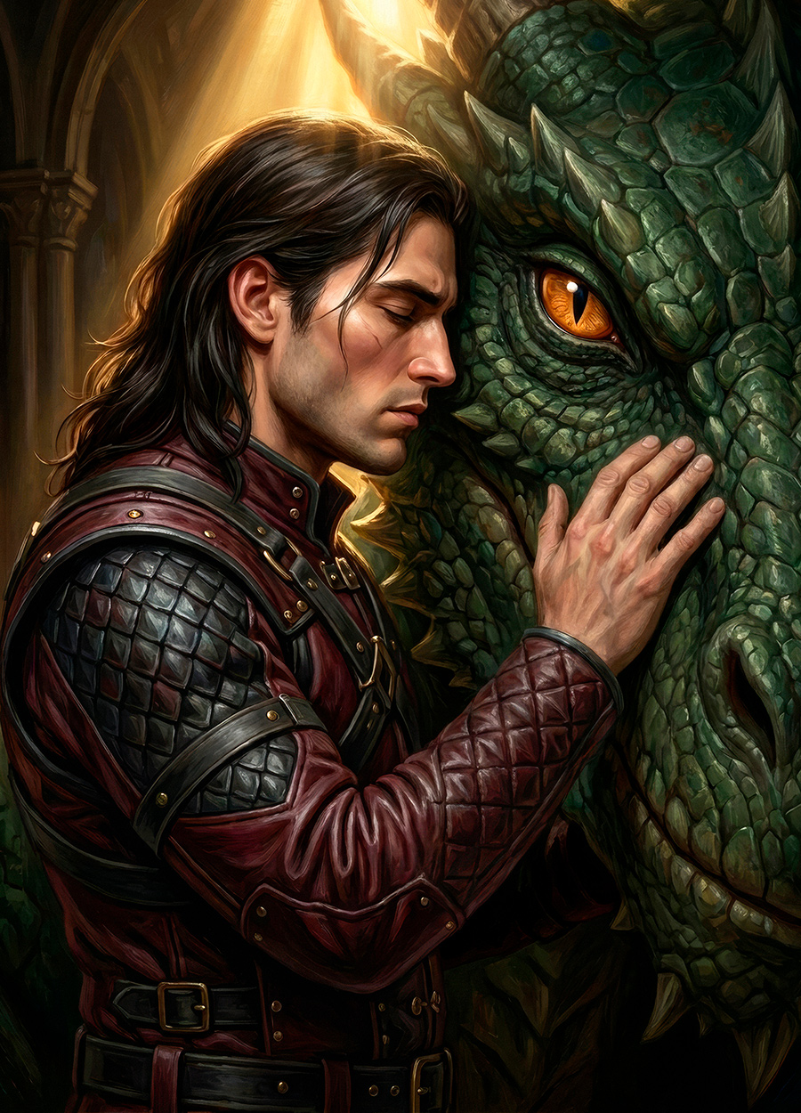 Kaelis high fantasy dragon art print. A warrior with closed eyes touching ancient dragon scales.