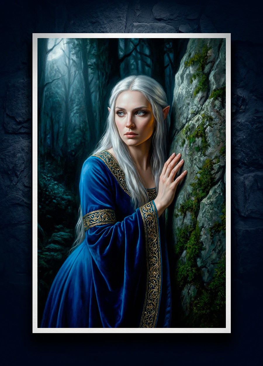 Ethereal elven art print with white borders, displayed unframed against a dark stone wall. Ethereal dark fantasy print.