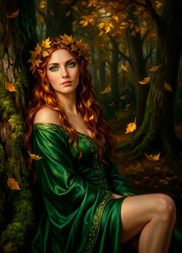 Nyssara sensual druidess fantasy art print. A druidess in an emerald green dress in an autumn forest.