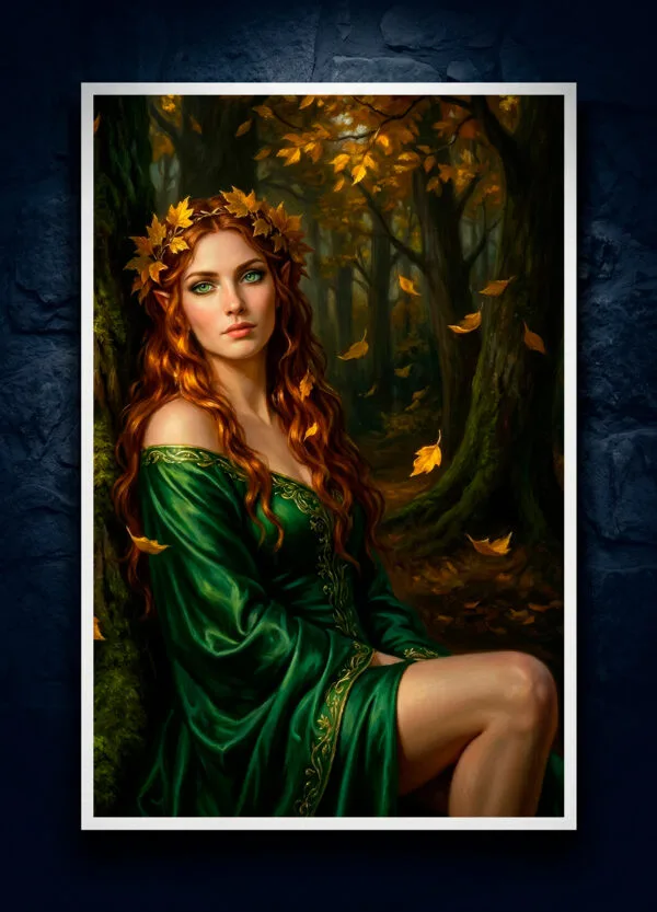 Sensual nature fantasy wall art print of a druidess. Unframed physical print with white borders on a dark stone background.