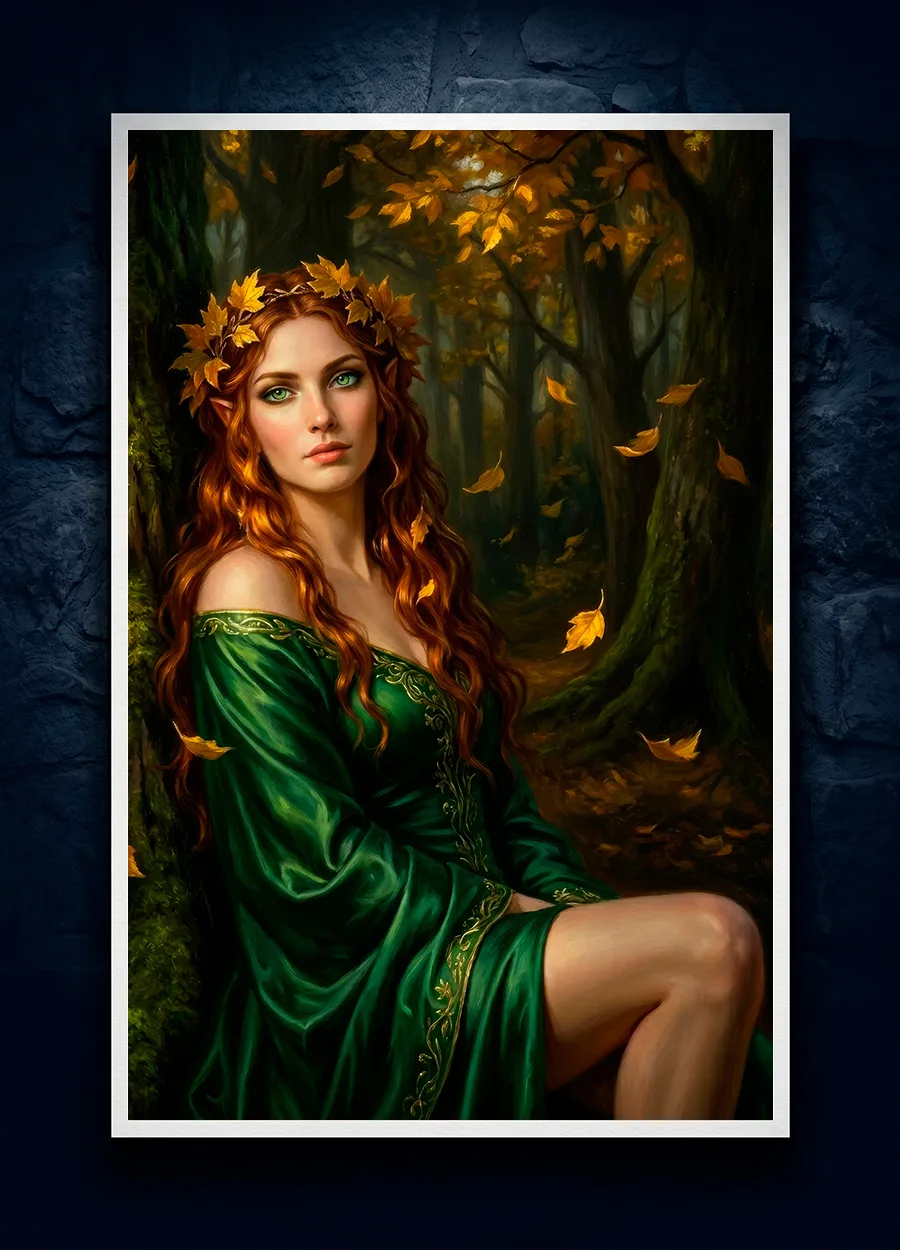 Sensual nature fantasy wall art print of a druidess. Unframed physical print with white borders on a dark stone background.