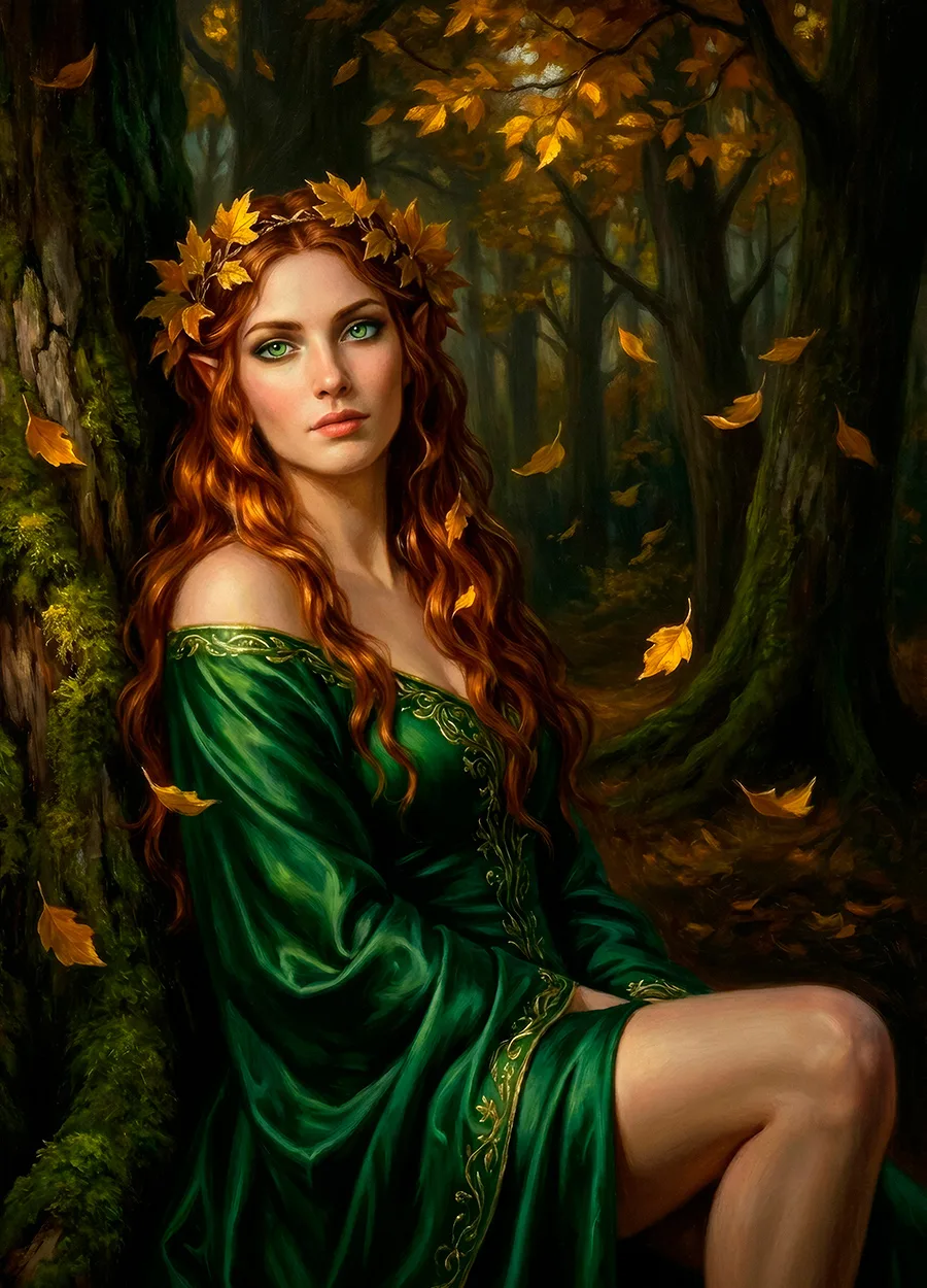Nyssara sensual druidess fantasy art print. A druidess in an emerald green dress in an autumn forest.