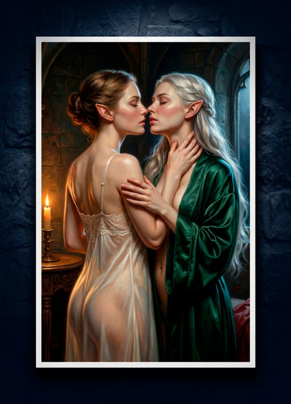 Romantic sapphic fantasy wall art print of two elven women. Unframed gallery display with white borders against dark stone.